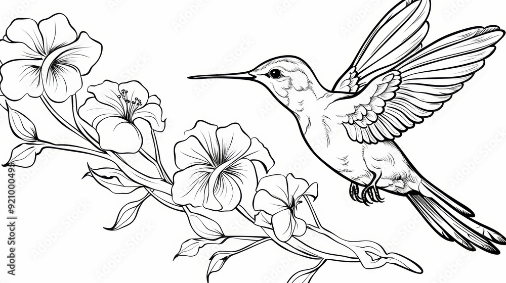 Obraz premium A line art illustration of a hummingbird flying over a branch of hibiscus flowers.