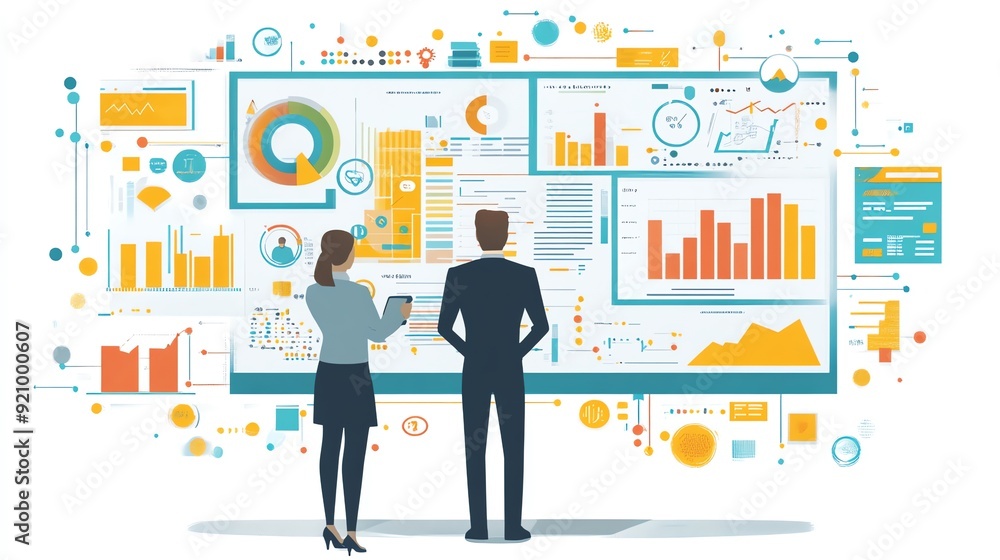Businesspeople reviewing charts and data on a whiteboard. Businesspeople reviewing charts and data on a whiteboard.