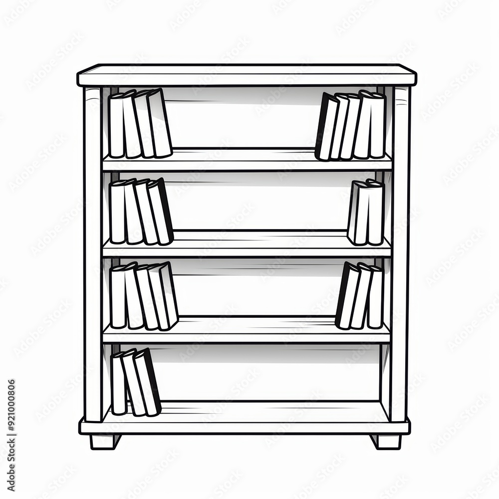 A simple black and white line drawing of a bookshelf with four shelves full of books. A simple black and white line drawing of a bookshelf with four shelves full of books.