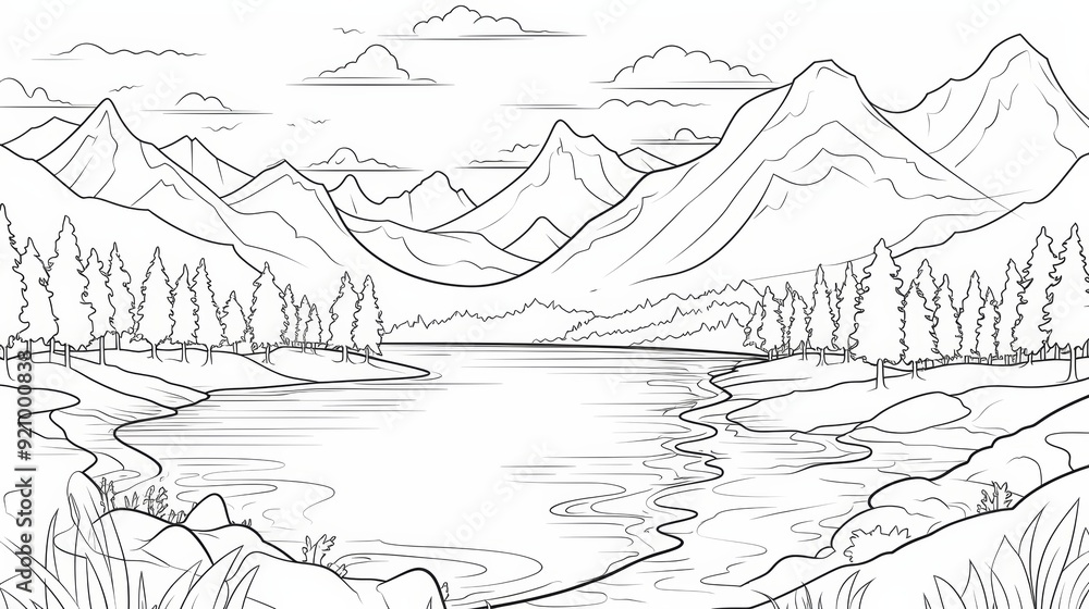 A simple black and white line drawing of a lake and mountain landscape, with a few birds flying in the sky. A simple black and white line drawing of a lake and mountain landscape, with a few birds flying in the sky.