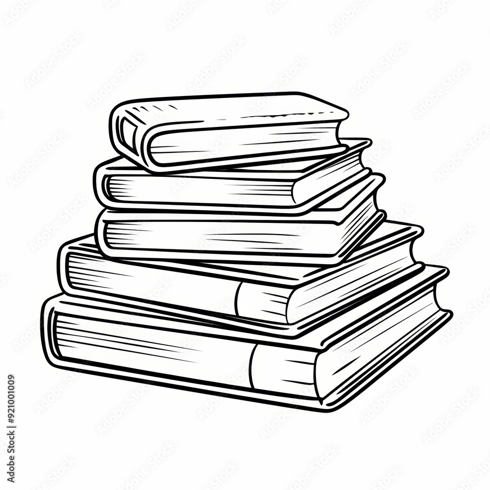 A stack of five books drawn in black and white. A stack of five books drawn in black and white.