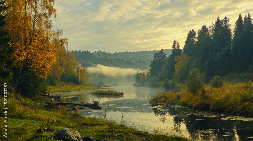 Obraz premium A river in the middle of a forest filled with trees