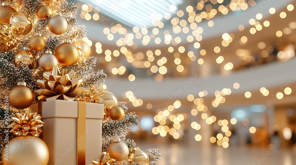 Beautifully decorated Christmas tree with golden ornaments and wrapped gifts, creating a warm festive atmosphere. Beautifully decorated Christmas tree with golden ornaments and wrapped gifts, creating a warm festive atmosphere.