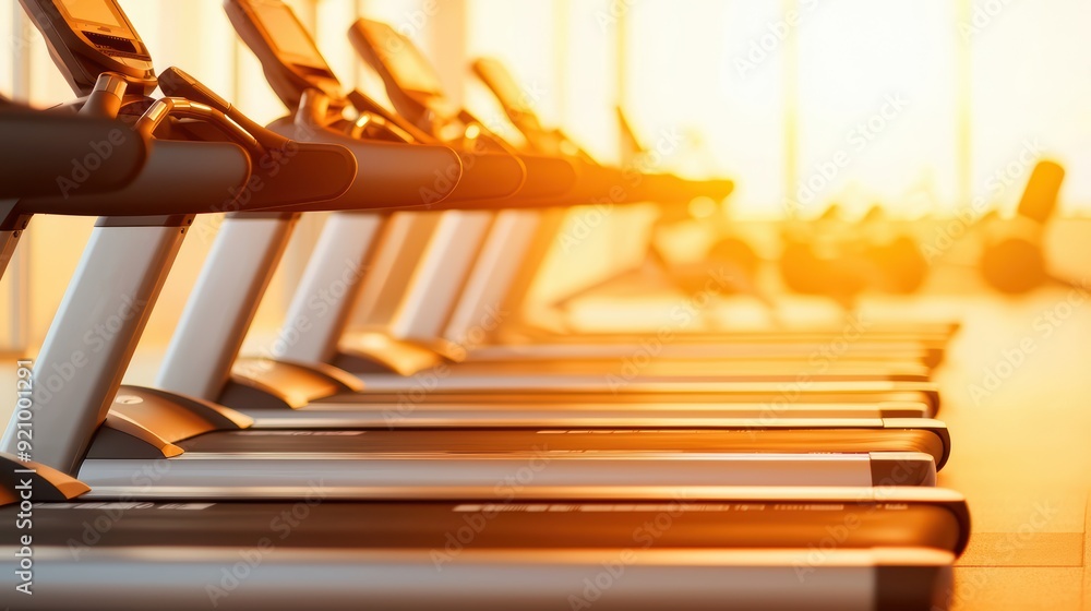 Bright gym interior with modern treadmills lined up, showcasing fitness equipment in a inviting space. Bright gym interior with modern treadmills lined up, showcasing fitness equipment in a inviting space.