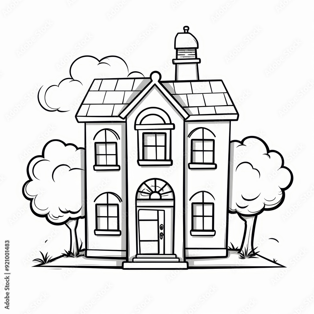 Fototapeta premium Black and white cartoon illustration of a house with two trees and a cloud.