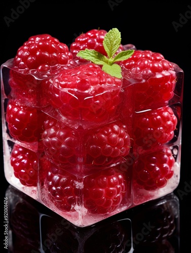 Fresh Raspberries in Glass Cube with Mint Accent