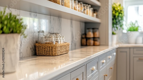 Modern Luxury Pantry with Sleek Marble Countertop and Stylish Storage Organization