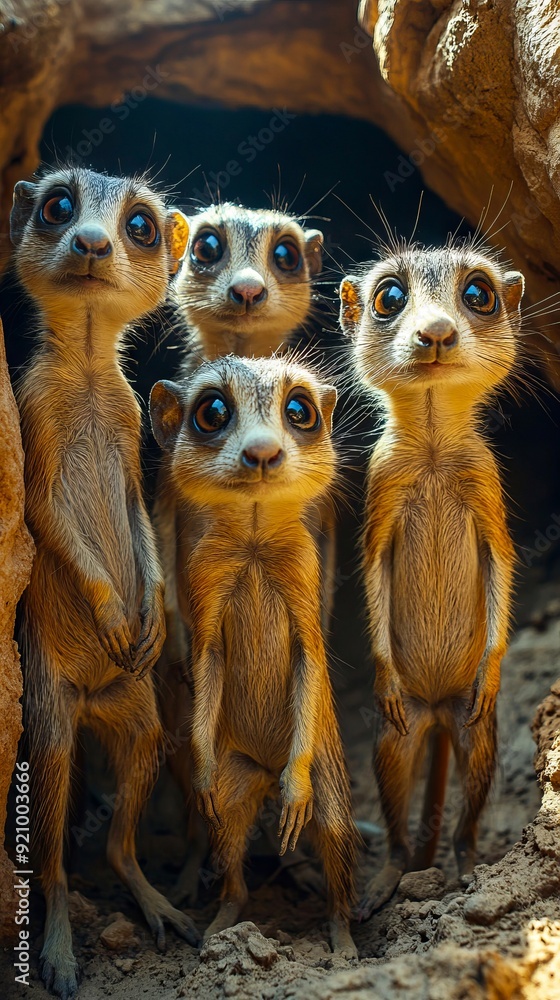 Fototapeta premium A group of meerkats standing in front of a cave