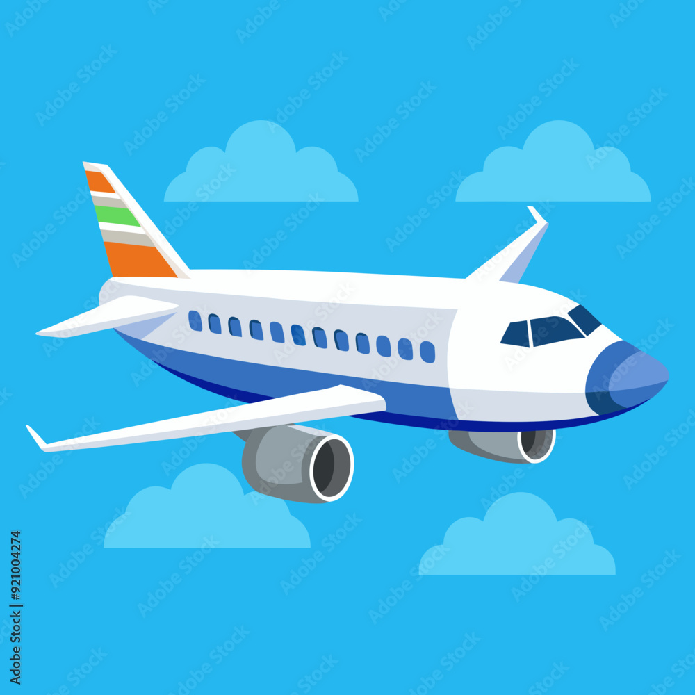 White jet passenger airplane airliner in blue sky cartoon vector illustration White jet passenger airplane airliner in blue sky cartoon vector illustration