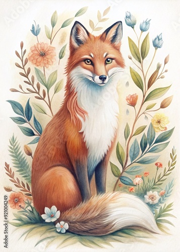 Vintage Fox Illustration with Floral Elements