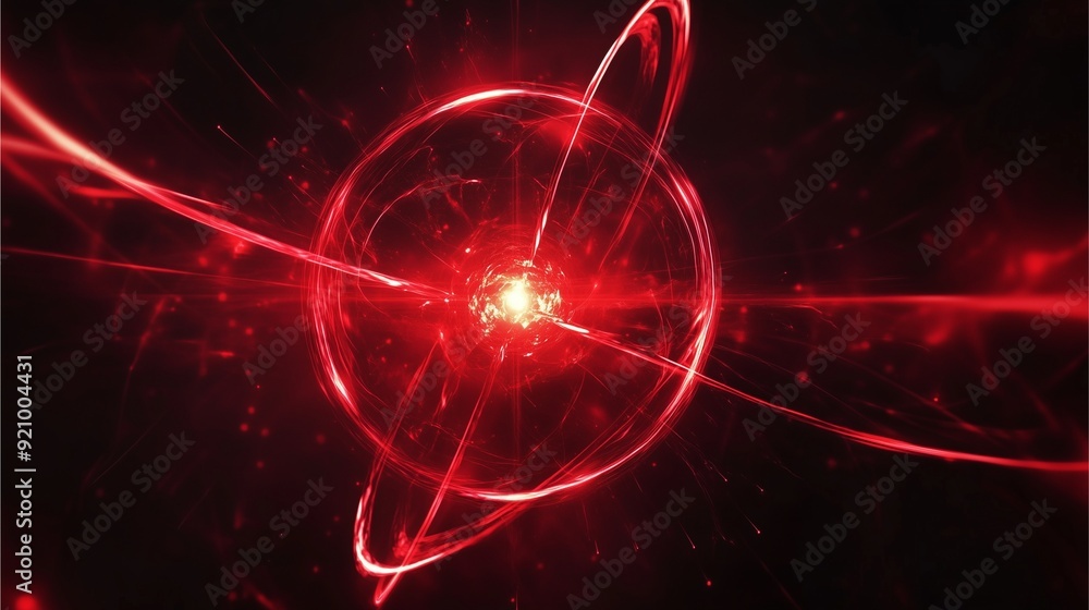Fototapeta premium Close-up of vibrant red electrons orbiting around a glowing plasma core.