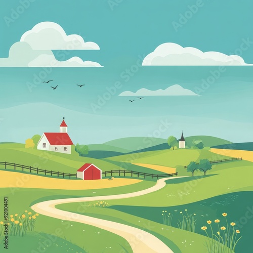 Farm Nature Landscape Flat Design Vector Illustration