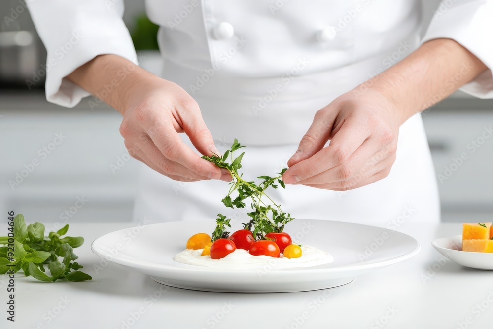 Chef garnishing a dish with fresh herbs and cherry tomatoes, showcasing culinary skills and attention to detail in a professional kitchen. Chef garnishing a dish with fresh herbs and cherry tomatoes, showcasing culinary skills and attention to detail in a professional kitchen.