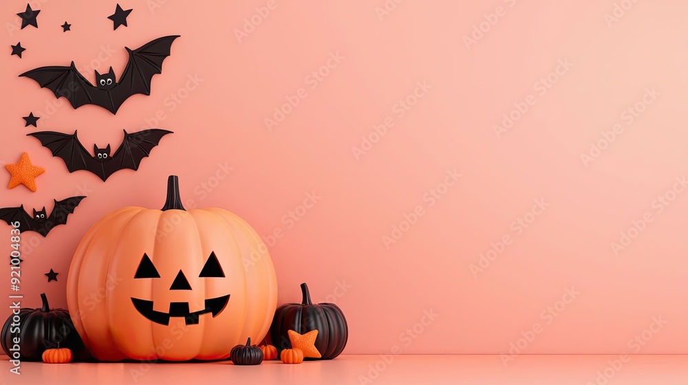 Festive Halloween pumpkin with cheerful face, surrounded by black bats and decorative elements on a pastel background. 3D Render Festive Halloween pumpkin with cheerful face, surrounded by black bats and decorative elements on a pastel background. 3D Render