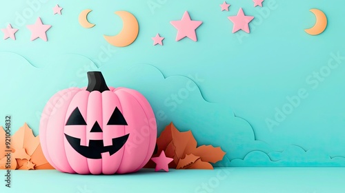 A whimsical pink pumpkin with a playful face, set against a pastel background with stars and moons for a festive autumn vibe. 3D Render