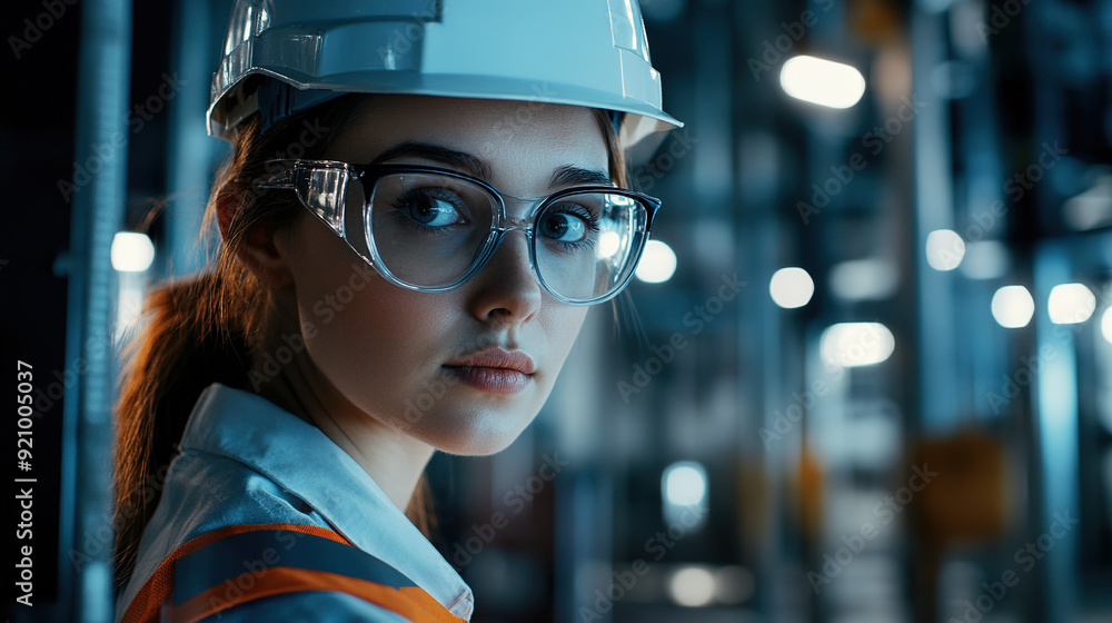 Realistic eye-level image of a female industrial professional in a white helmet and glasses, captured with dramatic lighting in an industrial building for a cinematic effect. Realistic eye-level image of a female industrial professional in a white helmet and glasses, captured with dramatic lighting in an industrial building for a cinematic effect.