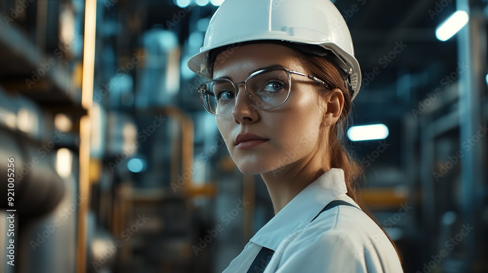 Realistic eye-level image of a female industrial professional in a white helmet and glasses, captured with dramatic lighting in an industrial building for a cinematic effect. Realistic eye-level image of a female industrial professional in a white helmet and glasses, captured with dramatic lighting in an industrial building for a cinematic effect.
