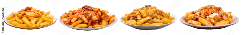 Four delicious plates of French fries topped with various sauces. Perfect for food lovers and culinary enthusiasts. Four delicious plates of French fries topped with various sauces. Perfect for food lovers and culinary enthusiasts.