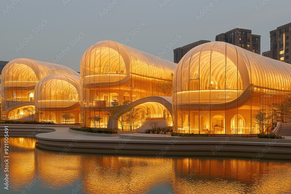Fototapeta premium Stunning modern architecture with illuminated buildings by the water, showcasing unique design and vibrant urban atmosphere at dusk.