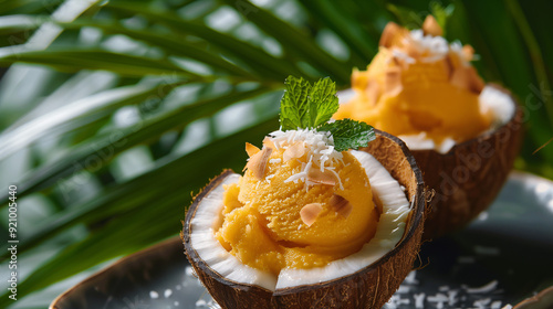 a tropical mango sorbet, served in a halved coconut shell, garnished with coconut flakes and mint, against a backdrop of palm trees