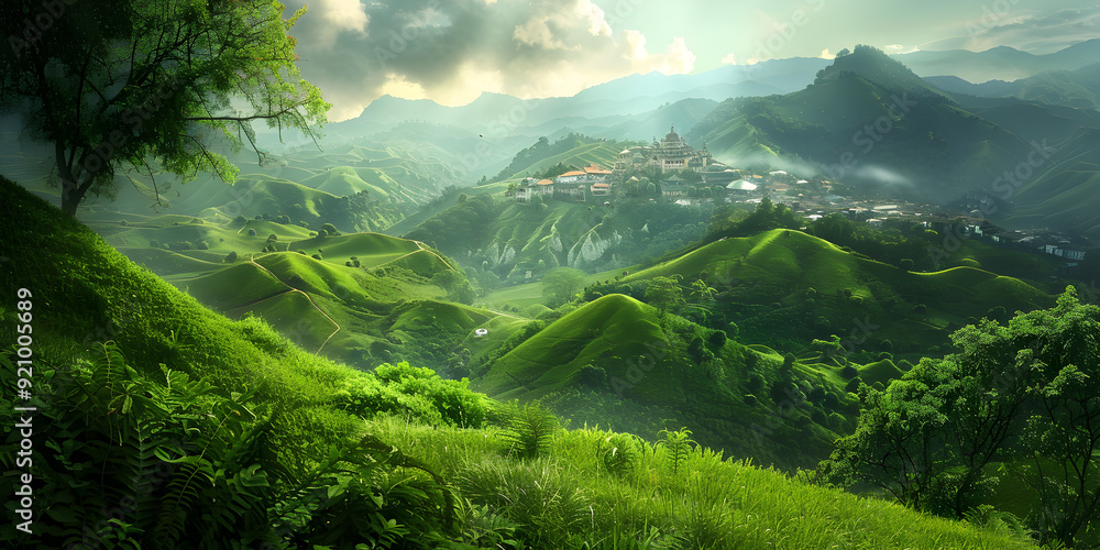 Fototapeta premium A valley covered in lush green foliage