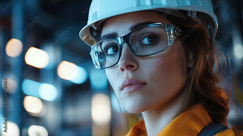 Industrial worker in safety glasses and a white hard hat, portrayed in a cinematic eye-level shot with accent lighting, working in a realistic industrial setting. Industrial worker in safety glasses and a white hard hat, portrayed in a cinematic eye-level shot with accent lighting, working in a realistic industrial setting.