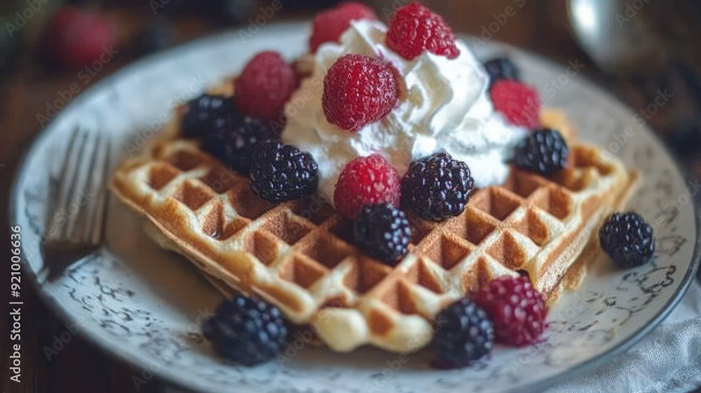 Delicious Waffles with Whipped Cream and Berries Delicious Waffles with Whipped Cream and Berries