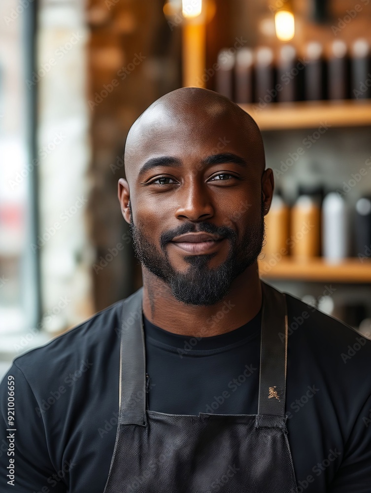A man in an apron standing in front of a bar A man in an apron standing in front of a bar