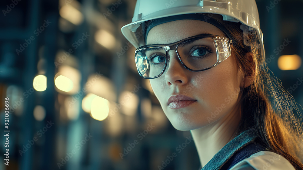 Industrial worker in safety glasses and a white hard hat, portrayed in a cinematic eye-level shot with accent lighting, working in a realistic industrial setting. Industrial worker in safety glasses and a white hard hat, portrayed in a cinematic eye-level shot with accent lighting, working in a realistic industrial setting.