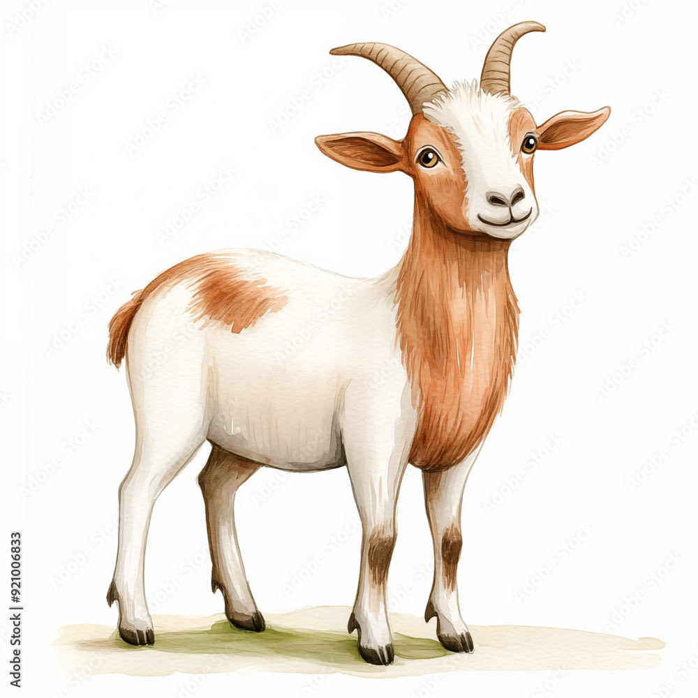 Fototapeta premium cute watercolor realistic goat standing side view on white background. Cartoon iddustraiy for kids