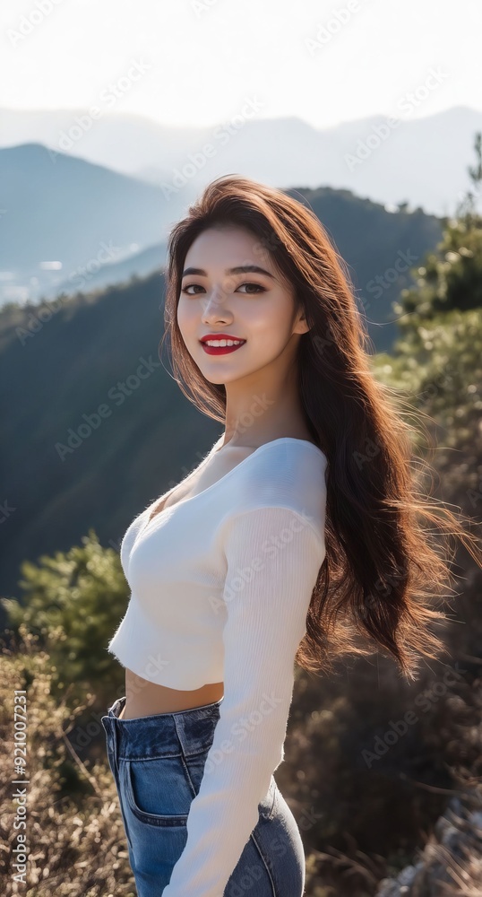 A woman in a white top and blue jeans posing for a picture A woman in a white top and blue jeans posing for a picture