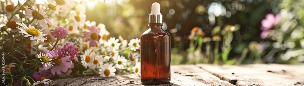 Cream jar on wooden background with flowers and bokeh lights