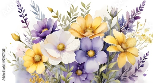 A close-up bouquet of white and violet flowers featuring daisies, chamomiles, and chrysanthemums, capturing the beauty of nature and spring blossoms in a colorful, floral arrangement