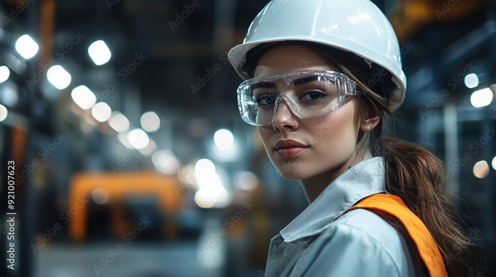 Eye-level editorial shot of a woman in the industrial sector, wearing a white helmet and glasses, with a focus on her expression and accent lighting in an industrial environment. Eye-level editorial shot of a woman in the industrial sector, wearing a white helmet and glasses, with a focus on her expression and accent lighting in an industrial environment.