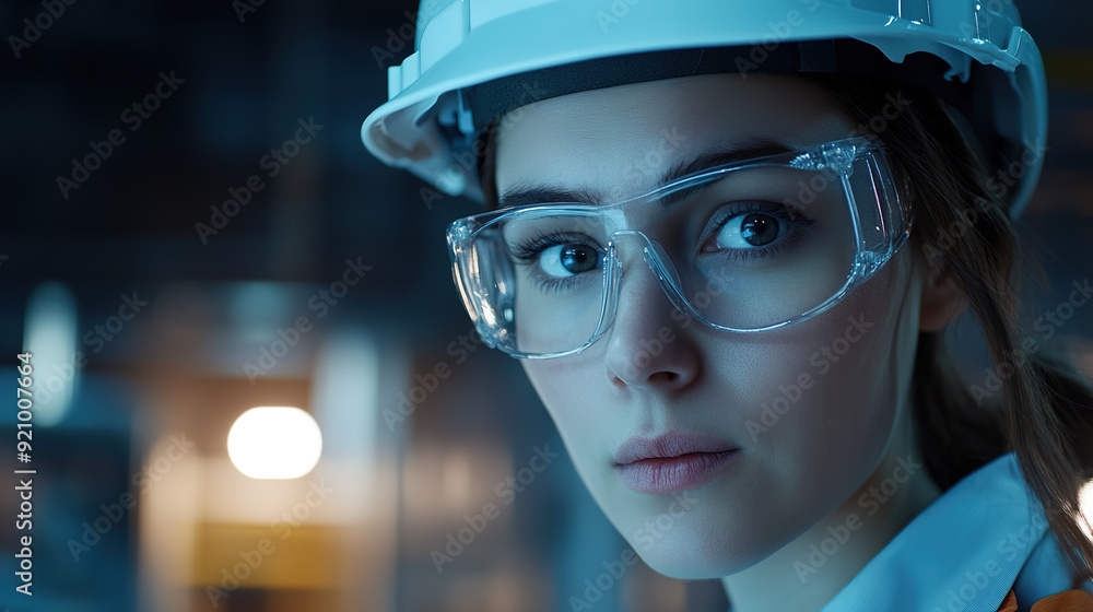 Eye-level editorial shot of a woman in the industrial sector, wearing a white helmet and glasses, with a focus on her expression and accent lighting in an industrial environment. Eye-level editorial shot of a woman in the industrial sector, wearing a white helmet and glasses, with a focus on her expression and accent lighting in an industrial environment.