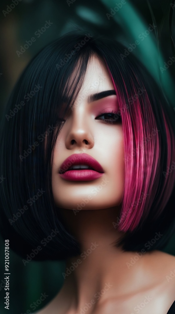 A woman with black hair with pink highlights and red lipstick A woman with black hair with pink highlights and red lipstick