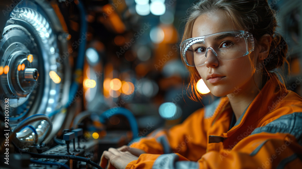 Among the factory workers, a female mechanical engineer designs a 3D engine on her personal computer, while a male automation engineer uses a laptop for programming robotic arms. Among the factory workers, a female mechanical engineer designs a 3D engine on her personal computer, while a male automation engineer uses a laptop for programming robotic arms.