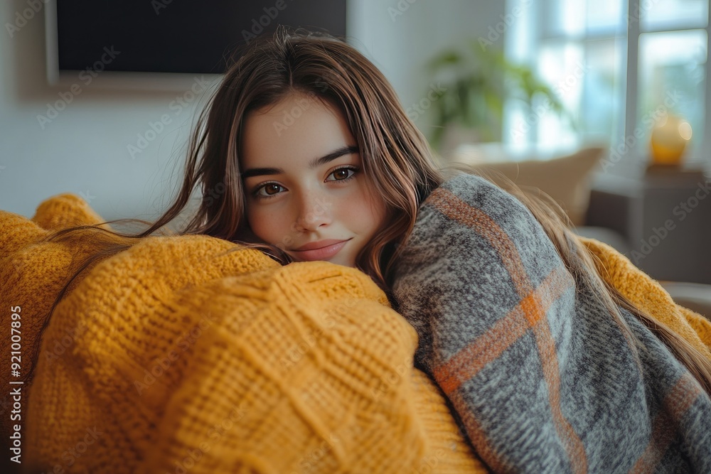 Cozy Woman Relaxing on Sofa with Warm Orange and Gray Blanket in Bright Living Room Cozy Woman Relaxing on Sofa with Warm Orange and Gray Blanket in Bright Living Room
