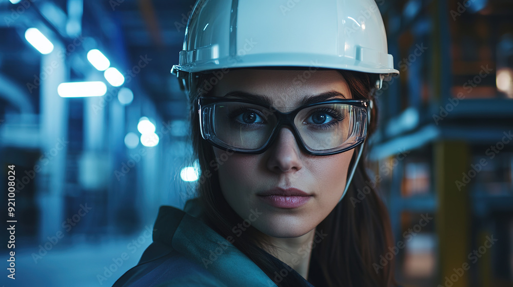 Eye-level editorial shot of a woman in the industrial sector, wearing a white helmet and glasses, with a focus on her expression and accent lighting in an industrial environment. Eye-level editorial shot of a woman in the industrial sector, wearing a white helmet and glasses, with a focus on her expression and accent lighting in an industrial environment.