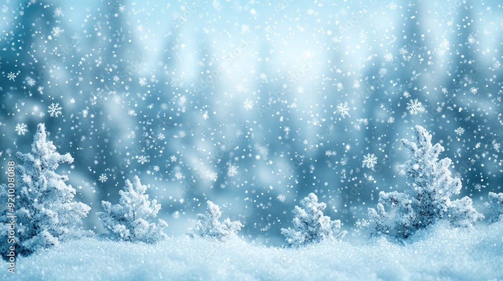 Naklejka premium Snow Covered Winter Forest with Falling Snowflakes and Blue Sky in Daylight