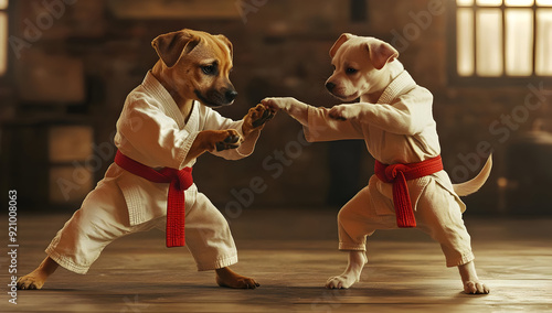 Two dogs in karate uniforms sparring playfully, showcasing their skills in a fun and energetic atmosphere. photo