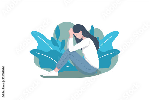 Woman in depression with bewildered thoughts in her mind. Young sad girl sitting and unhappy.