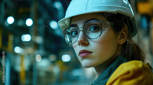 Editorial close-up of an industrial woman wearing glasses and a hard hat, engaged in her work within an industrial facility, captured with realistic and cinematic lighting.