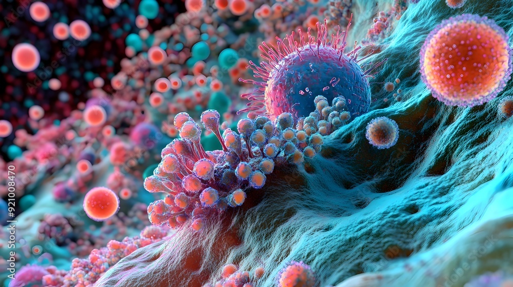 Obraz premium Macrophage Cell Engulfing Bacteria:Immune System's Defense in Vivid Textures and Colors