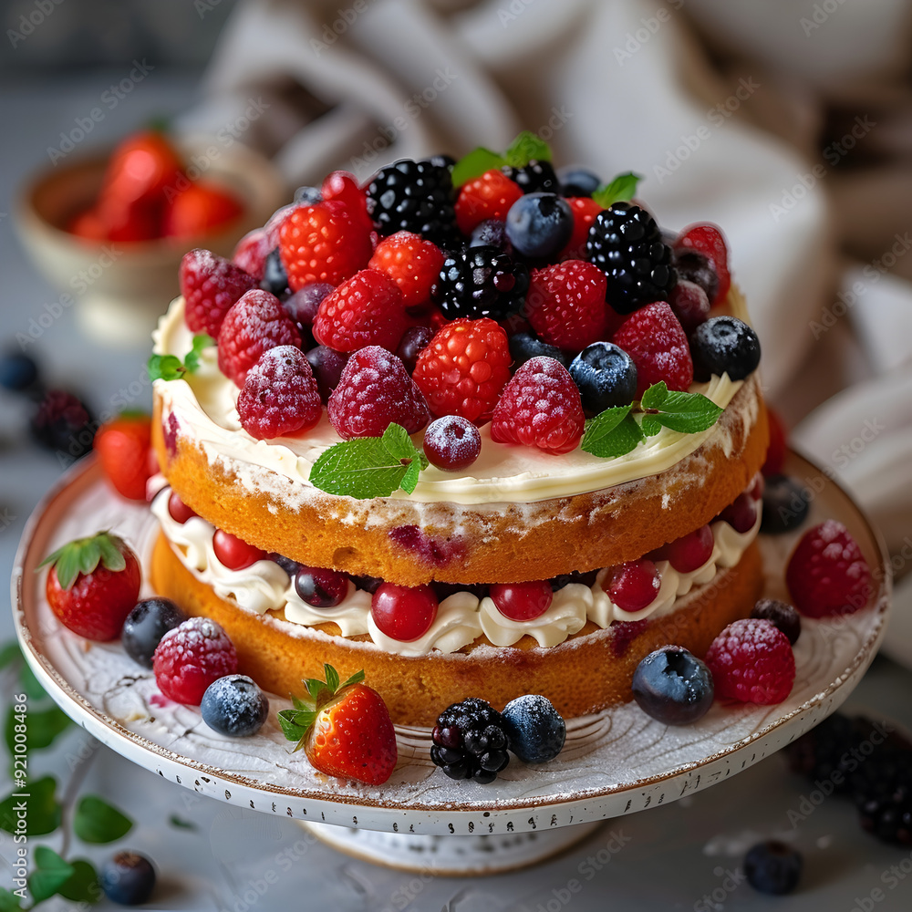 Berry cake on white and green straips background. Berry cake on white and green straips background.