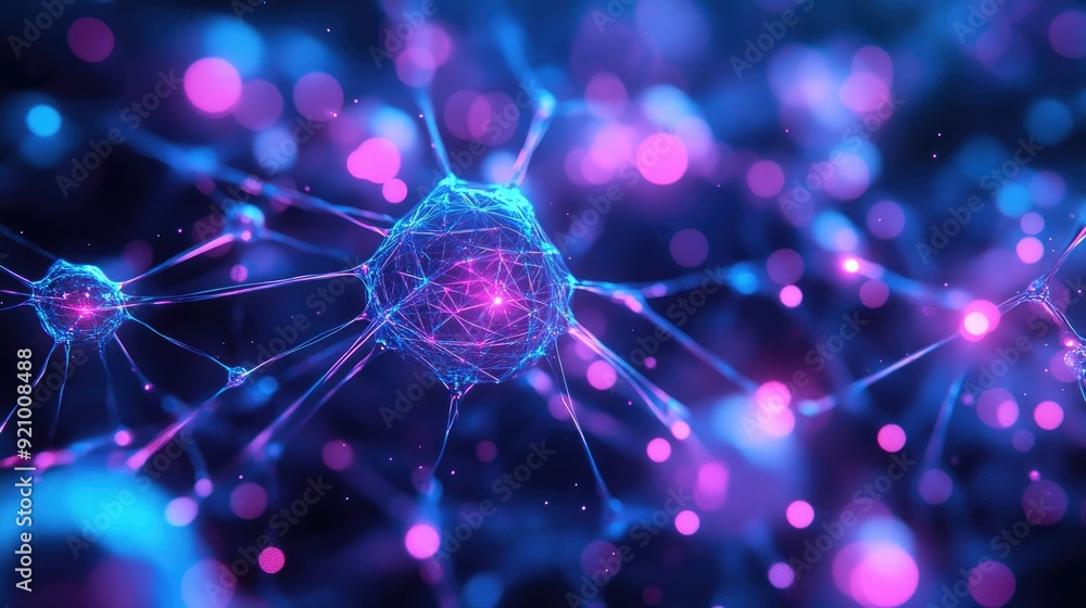 Neural Network Digital Representation with Glowing Nodes and Connections in Glowing Purple and Blue Neural Network Digital Representation with Glowing Nodes and Connections in Glowing Purple and Blue