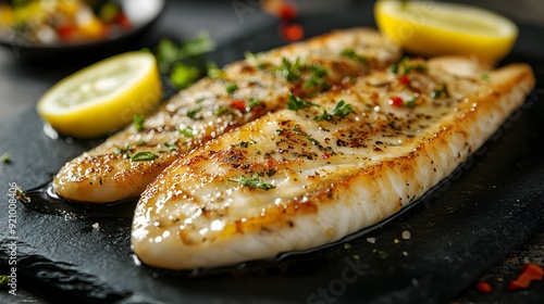 Delectable Pan Fried Sole Meunire Dish with Buttery Lemon Sauce on Elegant Black Stone Plate photo