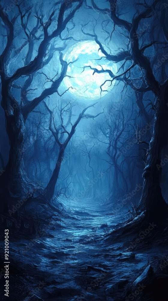 Mysterious Moonlit Forest Path with Twisted Trees and Full Moon Lighting Mysterious Moonlit Forest Path with Twisted Trees and Full Moon Lighting