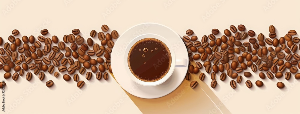 Naklejka premium World Coffee Day text with coffee beans and cup icon, banner for world drinking day celebration poster or greeting card design. trees, branches and leaves