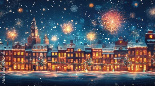 Festive Holiday Town with Fireworks Display and Snowfall at Night